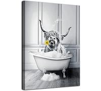 MKHFUW Scottish Highland Cow Wall Art Black and White Canvas Picture Cottage Bathroom Decorative Cow Wall Picture in Bathtub, Frameless(Bath Cinder,40 x 60cm)