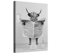 MKHFUW Scottish Highland Cow Wall Art Black and White Canvas Picture Cottage Bathroom Decorative Cow Wall Picture in Bathtub, Frameless(Reading Cinder,20 x 30cm)