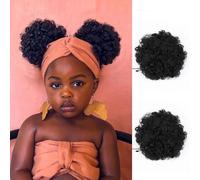 MKJVEN 2 Pieces Small Afro Ponytail Extensions for Kids, Natural Drawstring and Messy Hair Bun Afro Puff Ponytail Hairstyle for Girls (T1B)