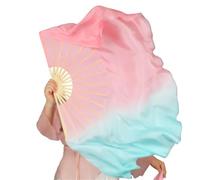 MKLHAVB Big Dance Fan Veil Real Silk One Pair Bellydance Costume Accessory Flowy Gradient Dancer Props(Beige,2pcs Right Hand)