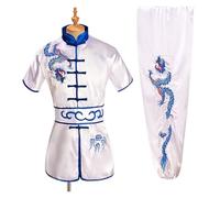 MKLHAVB Men Women Traditional Dragon Wushu Uniform Kung Fu Clothing Set Martial Arts Uniform Tai Chi(White blue,130 cm)