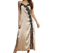 MKLQLS Satin Nightdress for Women - Sexy High Split Strap Chemise Silk Nighties for Ladies - Soft Long Lace Night Dress Nighty V Neck Negligees Nightwear Champagne S