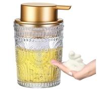 MKLZ 8 Oz Glass Foam Soap Dispenser, Clear Hand Liquid Bottles with Gold Plastic Pump, Refillable Round Foaming Lotion Dispensing for Kitchen Sink & Bathroom Counter
