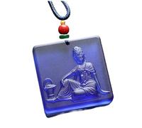 MKMKM Pendant,1pcs Medicine King Bodhisattva Glass Necklace, Buddha Statue Square Plate Pendant with Handmade Rope, Unisex(Blue)