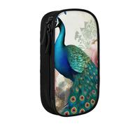MKNAZ Beautiful Peacock and Floral Printed Pencil Case Pen Bag Double-Layer Pen Pouch Organizer for Student Artists School Office College, Black