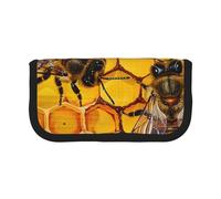 MKNAZ Bee Honeycomb Printed Canvas Pencil Case Large Capacity Pen Pouch Stationery Organiser, Makeup Cosmetic Bag for School Office Travel, Student Gifts