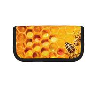 MKNAZ Bee On Honeycomb Printed Canvas Pencil Case Large Capacity Pen Pouch Stationery Organiser, Makeup Cosmetic Bag for School Office Travel, Student Gifts