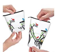 MKNAZ Birds Flowers on Bikes Printed Telescopic Pencil Case Stand Up Pen Bag, Cute Pencil Organizer Portable Pencil Bag Suitable for School Office