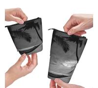 MKNAZ Black and White Beach Printed Telescopic Pencil Case Stand Up Pen Bag, Cute Pencil Organizer Portable Pencil Bag Suitable for School Office