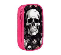 MKNAZ Black Floral Halloween Skull Printed Pencil Case Pen Bag Double-Layer Pen Pouch Organizer for Student Artists School Office College, Pink