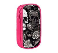 MKNAZ Black Floral Skull Printed Pencil Case Pen Bag Double-Layer Pen Pouch Organizer for Student Artists School Office College, Pink