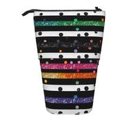 MKNAZ Black White Glitter Rainbow Polka Dot Stripe Printed Telescopic Pencil Case Stand Up Pen Bag, Cute Pencil Organizer Portable Pencil Bag Suitable for School Office