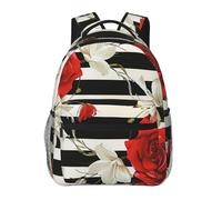 MKNAZ Black White Stripes Red Rose Flowers Printed Printed School Backpack Bookbag for Girls Boys Travel Laptop Backpack for School Hiking Camping Work