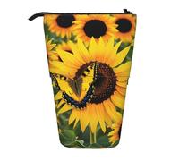 MKNAZ Butterfly Blooming Sunflower Plants Flowers Printed Telescopic Pencil Case Stand Up Pen Bag, Cute Pencil Organizer Portable Pencil Bag Suitable for School Office