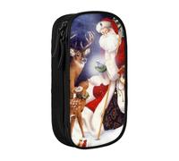 MKNAZ Christmas Deer Printed Pencil Case Pen Bag Double-Layer Pen Pouch Organizer for Student Artists School Office College, Black