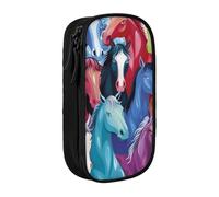 MKNAZ Colorful Cartoon Horses Printed Pencil Case Pen Bag Double-Layer Pen Pouch Organizer for Student Artists School Office College, Black