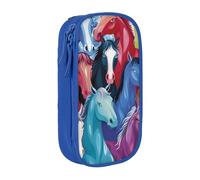 MKNAZ Colorful Cartoon Horses Printed Pencil Case Pen Bag Double-Layer Pen Pouch Organizer for Student Artists School Office College, Blue