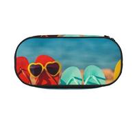 MKNAZ Colorful Flip Flops Beach Ball Printed Pencil Case & Makeup Pouch Oxford Fabric Stationery Pouch Unisex Pencil Box for School/Office/Travel