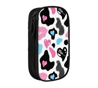 MKNAZ Cow Hide with Hearts Moo Love Printed Pencil Case Pen Bag Double-Layer Pen Pouch Organizer for Student Artists School Office College, Black