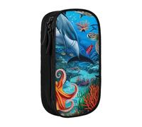 MKNAZ Dolphins Sea Coral Reef Octopus Printed Pencil Case Pen Bag Double-Layer Pen Pouch Organizer for Student Artists School Office College, Black