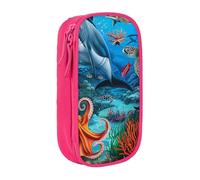 MKNAZ Dolphins Sea Coral Reef Octopus Printed Pencil Case Pen Bag Double-Layer Pen Pouch Organizer for Student Artists School Office College, Pink