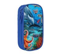 MKNAZ Dolphins Sea Coral Reef Octopus Printed Pencil Case Pen Bag Double-Layer Pen Pouch Organizer for Student Artists School Office College, Blue