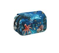 MKNAZ Dolphins Sea Turtle Coral Reef Prints Flip Pencil Case - Double-Layer Large Capacity Pen Organizer with Dual Zippers - for Students, Artists & Travelers