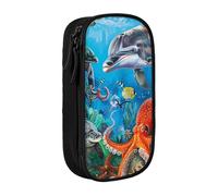 MKNAZ Dolphins Sea Turtle Octopus Coral Reef Printed Pencil Case Pen Bag Double-Layer Pen Pouch Organizer for Student Artists School Office College, Black