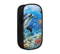 MKNAZ Dolphins Sea Turtle Octopus Printed Pencil Case Pen Bag Double-Layer Pen Pouch Organizer for Student Artists School Office College, Black