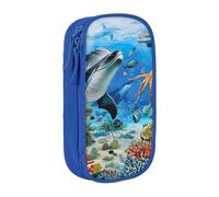 MKNAZ Dolphins Sea Turtle Octopus Printed Pencil Case Pen Bag Double-Layer Pen Pouch Organizer for Student Artists School Office College, Blue