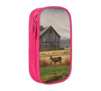 MKNAZ Farm with Deer Printed Pencil Case Pen Bag Double-Layer Pen Pouch Organizer for Student Artists School Office College, Pink