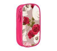 MKNAZ Floral Skull Printed Pencil Case Pen Bag Double-Layer Pen Pouch Organizer for Student Artists School Office College, Pink
