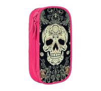 MKNAZ Flowers Skull Ornamental Pattern Printed Pencil Case Pen Bag Double-Layer Pen Pouch Organizer for Student Artists School Office College, Pink