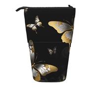 MKNAZ Gold White Butterflies Black Printed Telescopic Pencil Case Stand Up Pen Bag, Cute Pencil Organizer Portable Pencil Bag Suitable for School Office