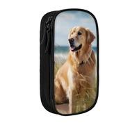 MKNAZ Golden Retriever on the Beach Printed Pencil Case Pen Bag Double-Layer Pen Pouch Organizer for Student Artists School Office College, Black