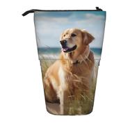 MKNAZ Golden Retriever on the Beach Printed Telescopic Pencil Case Stand Up Pen Bag, Cute Pencil Organizer Portable Pencil Bag Suitable for School Office