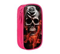 MKNAZ Gothic Fire Skull Rose Printed Pencil Case Pen Bag Double-Layer Pen Pouch Organizer for Student Artists School Office College, Pink
