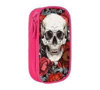 MKNAZ Halloween Skull Printed Pencil Case Pen Bag Double-Layer Pen Pouch Organizer for Student Artists School Office College, Pink