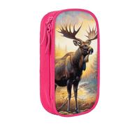 MKNAZ Moose Deer Printed Pencil Case Pen Bag Double-Layer Pen Pouch Organizer for Student Artists School Office College, Pink