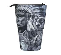 MKNAZ Native Americans Wolf Printed Telescopic Pencil Case Stand Up Pen Bag, Cute Pencil Organizer Portable Pencil Bag Suitable for School Office