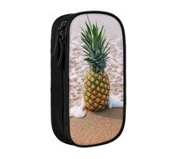 MKNAZ Pineapple on Beach Printed Pencil Case Pen Bag Double-Layer Pen Pouch Organizer for Student Artists School Office College, Black
