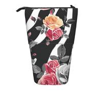 MKNAZ Roses Flower Floral Zebra Stripes Printed Telescopic Pencil Case Stand Up Pen Bag, Cute Pencil Organizer Portable Pencil Bag Suitable for School Office