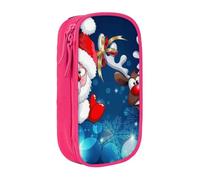 MKNAZ Santa Claus and Deer Elk Printed Pencil Case Pen Bag Double-Layer Pen Pouch Organizer for Student Artists School Office College, Pink