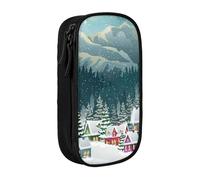MKNAZ Snow Covered Village Town Printed Pencil Case Pen Bag Double-Layer Pen Pouch Organizer for Student Artists School Office College, Black