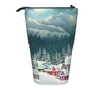 MKNAZ Snow Covered Village Town Printed Telescopic Pencil Case Stand Up Pen Bag, Cute Pencil Organizer Portable Pencil Bag Suitable for School Office
