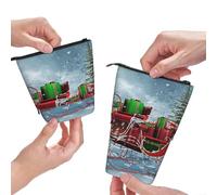 MKNAZ Snow Sleigh Xmas Tree Printed Telescopic Pencil Case Stand Up Pen Bag, Cute Pencil Organizer Portable Pencil Bag Suitable for School Office