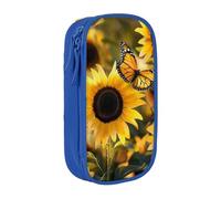 MKNAZ Sunflower Blooming Flowers Plants Butterfly Printed Pencil Case Pen Bag Double-Layer Pen Pouch Organizer for Student Artists School Office College, Blue
