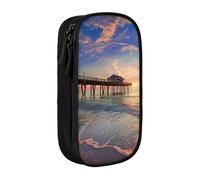 MKNAZ Sunset at the Beach Bridge Printed Pencil Case Pen Bag Double-Layer Pen Pouch Organizer for Student Artists School Office College, Black