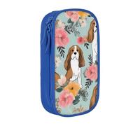 MKNAZ Sweet Basset Hound Florals Printed Pencil Case Pen Bag Double-Layer Pen Pouch Organizer for Student Artists School Office College, Blue