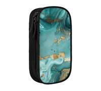MKNAZ Teal and Gold Marble Printed Pencil Case Pen Bag Double-Layer Pen Pouch Organizer for Student Artists School Office College, Black